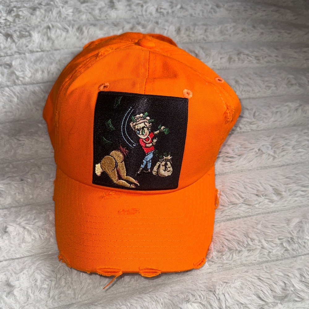 Dad Hats Orange Distressed Baseball Cap with Embroidered Patch